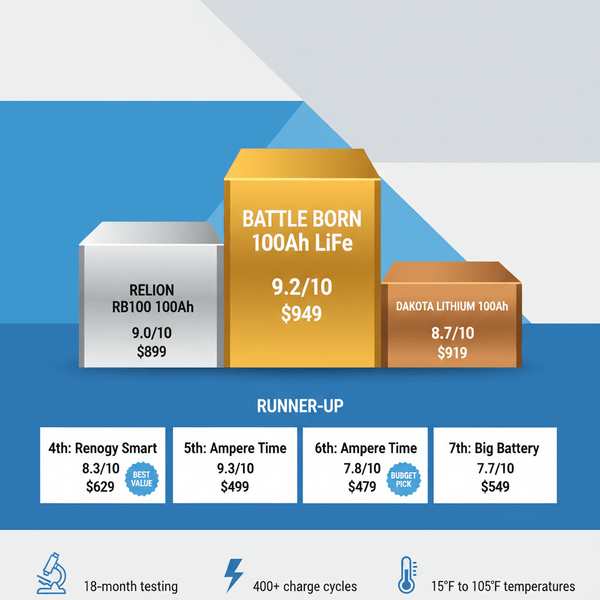 3D infographic ranking the top 7 lithium batteries for RVs, featuring Battle Born in 1st place, RELiON in 2nd, and Dakota Lithium in 3rd, followed by runner-ups Renogy, Ampere Time, Eco-Worthy, and BigBattery