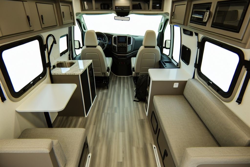 Modern RV van interior with seating area, kitchen counter, storage cabinets, and a spacious, comfortable layout for travel and van life.