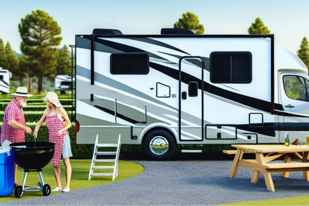 Couple enjoying outdoor barbecue next to a luxury RV motorhome at a campsite