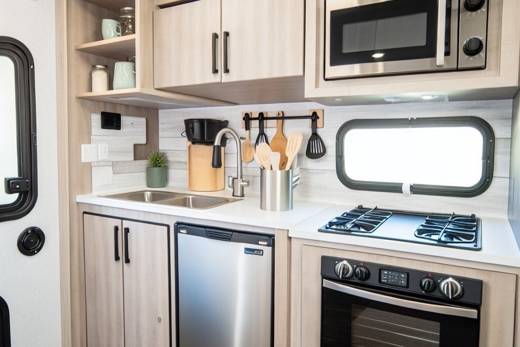 Modern RV kitchen with gas stove, oven, microwave, compact refrigerator, and stylish cabinets