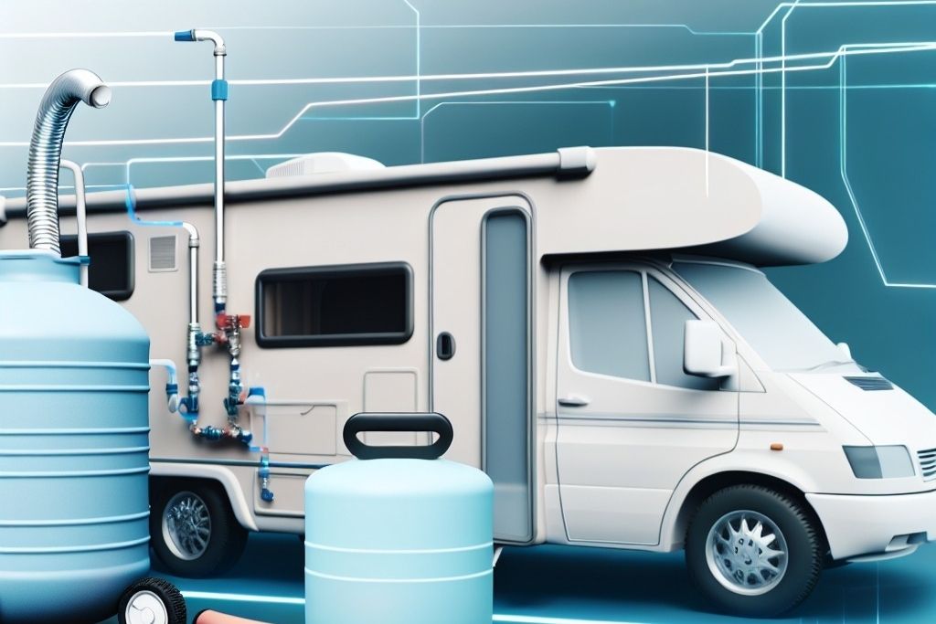 Illustration of an RV water system setup showing fresh water tank, plumbing pipes, and motorhome connections
