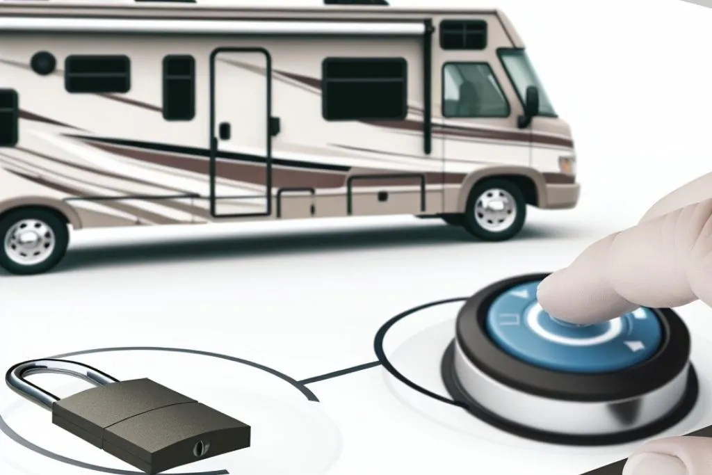 Beige Class C motorhome with brown stripes parked on white background; large gloved hand pressing blue digital button on silver smart lock control pad with connected padlock icons, representing secure van conversion access.