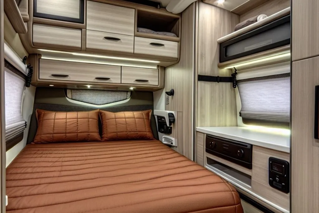 Luxury RV bedroom with double bed, built-in cabinets, and modern interior lighting