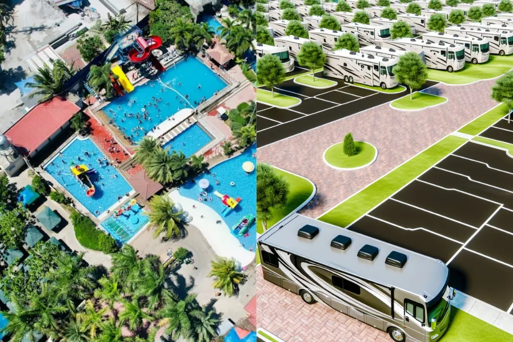 Aerial view of a luxury RV resort featuring a large water park, swimming pools, and organized parking for Class A motorhomes.