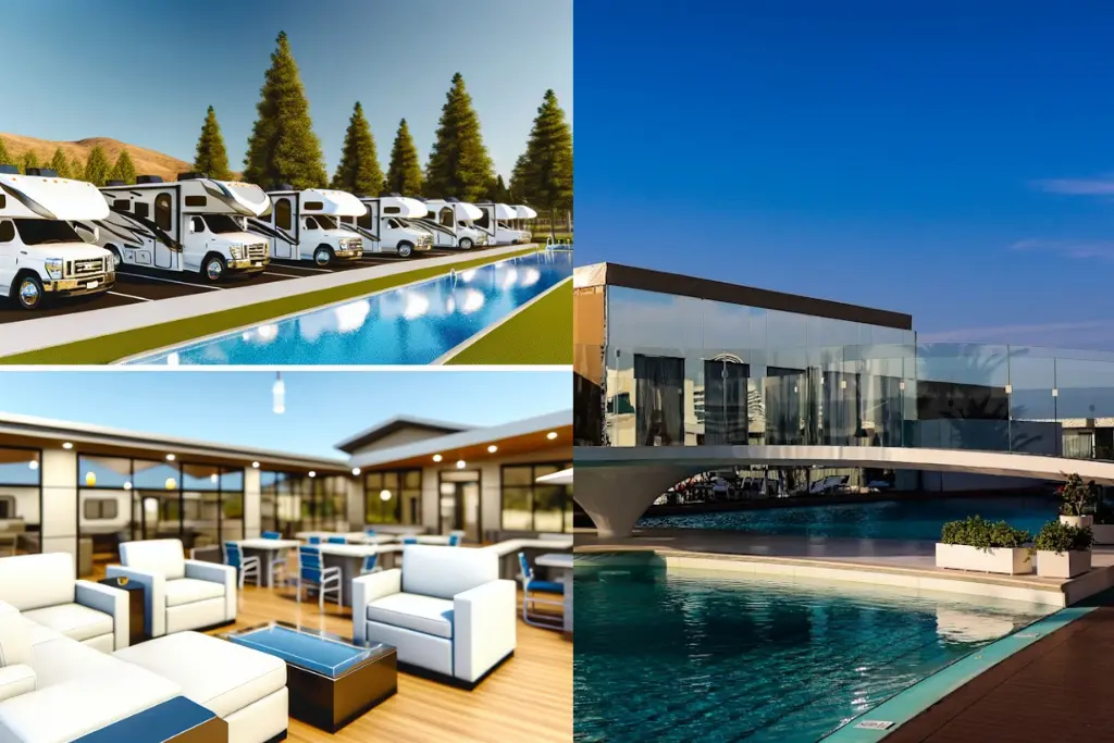 Luxury RV resort featuring Class A motorhomes parked beside a swimming pool with modern clubhouse and outdoor lounge area