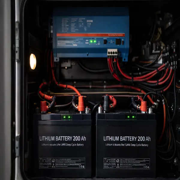 Professional installation of dual 200Ah lithium batteries and 3000-watt inverter in RV technical compartment showing power system for electric cooking