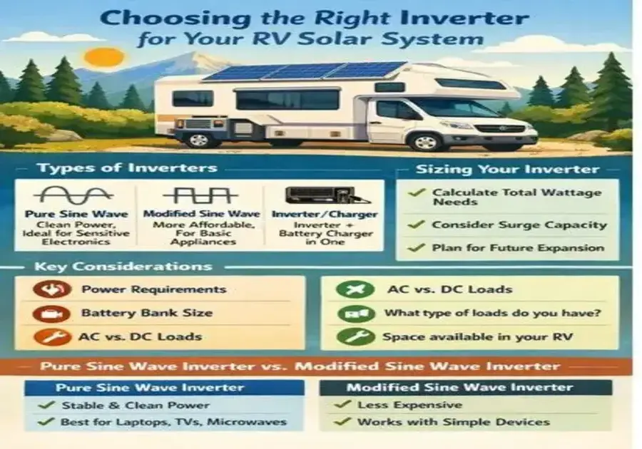 RV solar inverter infographic showing inverter types, sizing considerations, AC vs DC loads, and comparison between pure sine wave and modified sine wave inverters.