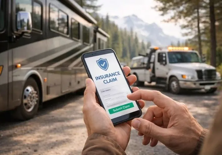 Person holding a smartphone displaying an insurance claim form, with an RV and a tow truck in the background on a roadside.