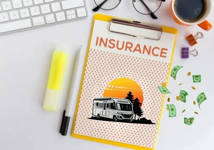 A clipboard with an insurance document featuring an illustration of a motorhome at sunset, placed on a desk with a keyboard, glasses, coffee cup, pen, highlighter, and floating money graphics.
