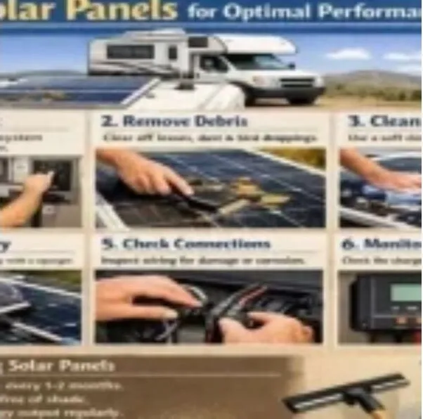 RV solar panel cleaning guide showing safety steps, removing debris,