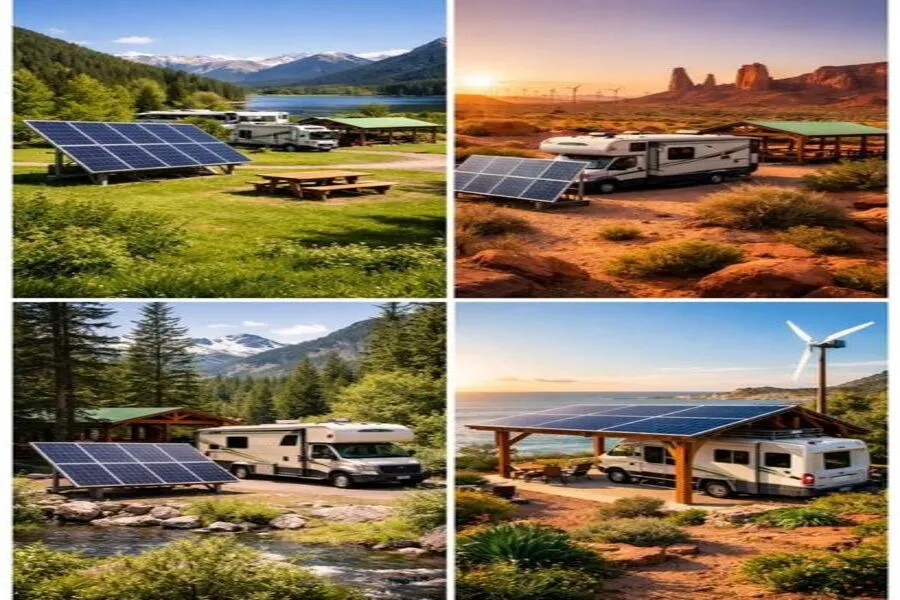 RV solar power setups in forest, desert, mountain, and coastal environments showing portable solar panels powering off-grid camping.
