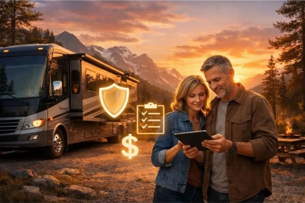 Couple reviews RV insurance on a tablet beside a motorhome at sunset, with shield, checklist, and dollar icons.