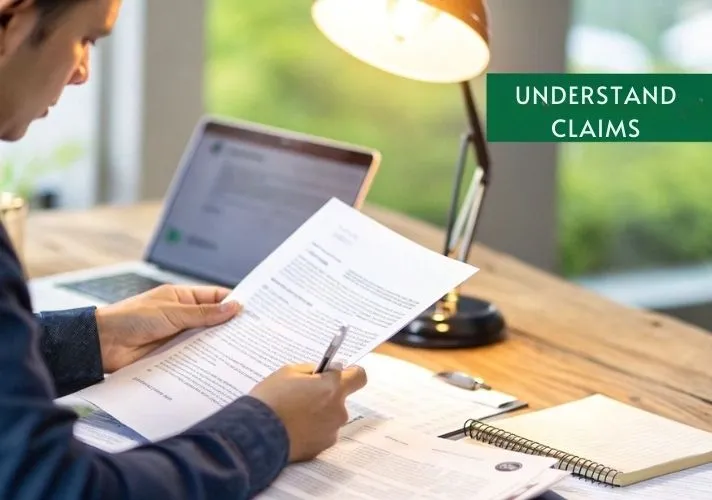 Person sitting at a wooden desk reviewing printed insurance claim documents in front of an open laptop, with a desk lamp and the words “UNDERSTAND CLAIMS” on a green banner