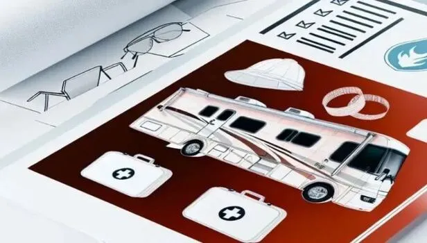 RV setup checklist illustration showing a motorhome with essential safety and camping equipment