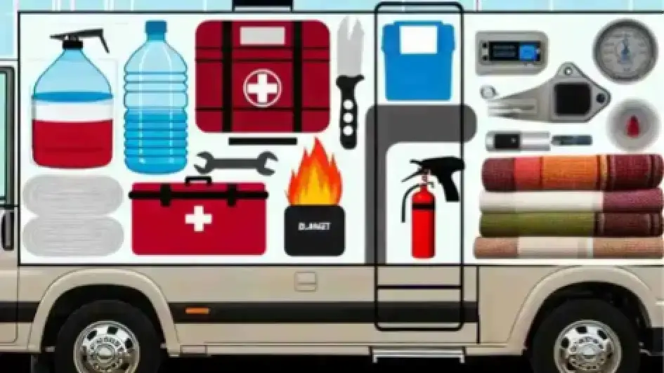 Illustrated van displaying emergency supplies such as water bottles, first aid kits, tools, fire extinguisher, and blankets arranged on its side.