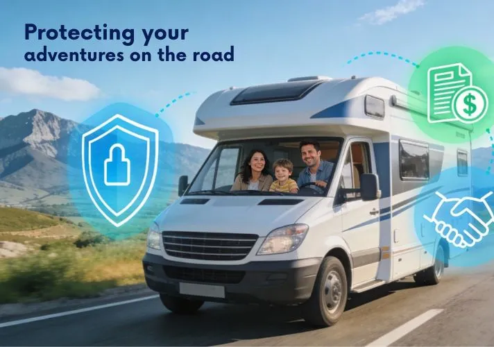 A family rides in a white motorhome on a scenic mountain road, with insurance-themed icons and the text “Protecting your adventures on the road” overlaid on the image.
