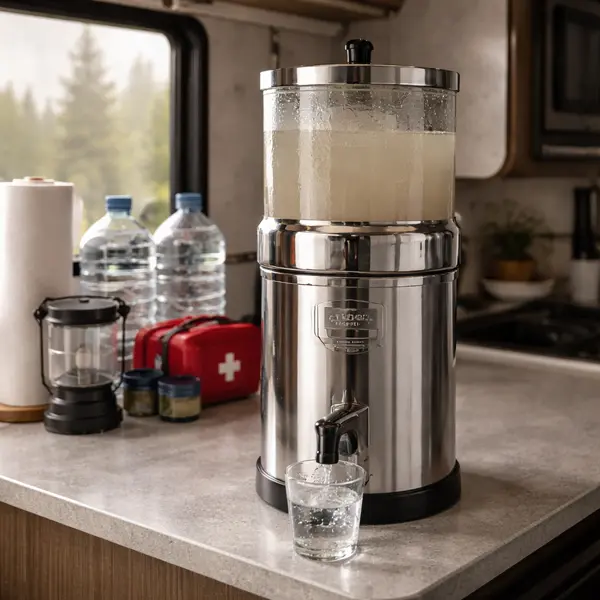 berkey stainless steel gravity filter on rv counter filtering stream water with no power required