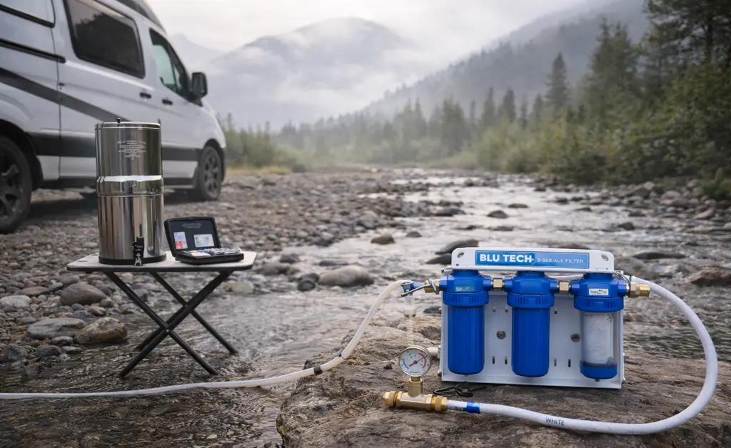 comprehensive water filtration system including multi-stage filter and uv purifier set up at mountain stream for boondocking