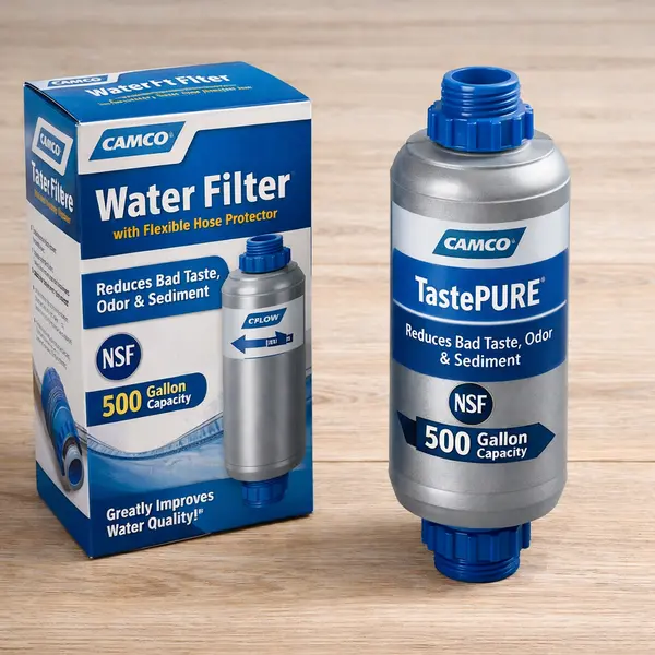 camco tastepure inline rv water filter with original packaging showing nsf 42 certification and 500 gallon capacity rating