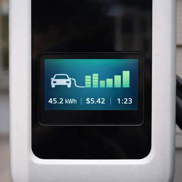 Home charging station LCD display showing real-time electric RV charging costs with kilowatt-hours consumed dollars spent and time remaining