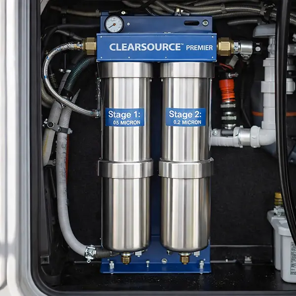 clearsource premier two-stage water filter system installed in rv wet bay showing stainless steel construction