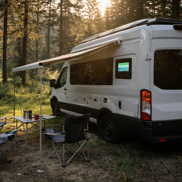 Successfully converted electric RV camping off-grid in forest with solar panels visible on roof and monitoring display showing power production demonstrating autonomous camping capability