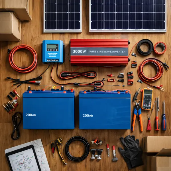 All major components for DIY electric RV conversion laid out on table including lithium batteries inverter solar panels charge controller cables and tools before installation