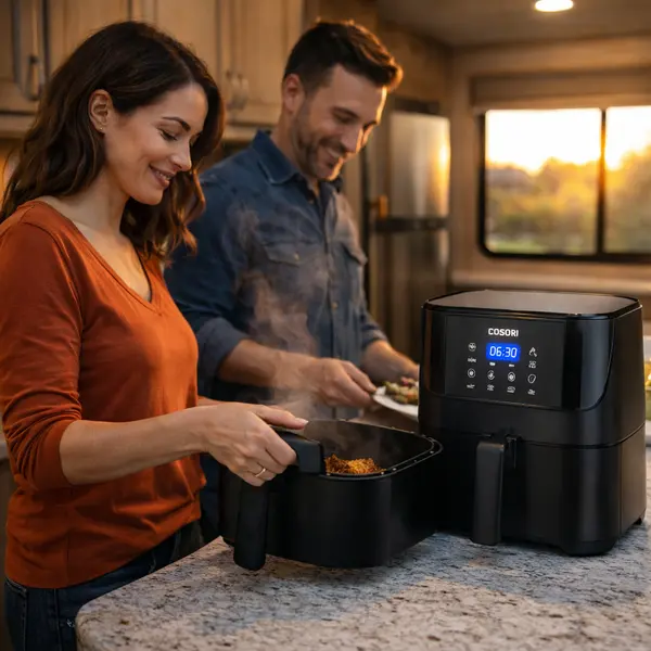 Young couple using Cosori air fryer in RV kitchen with woman opening basket releasing steam while man prepares plates showing practical daily use