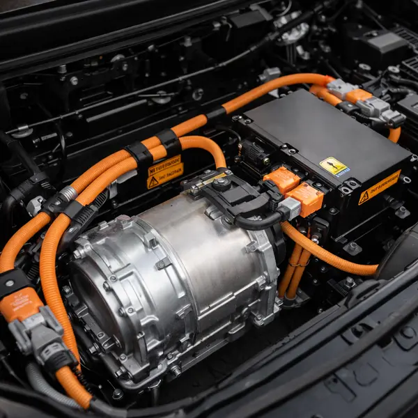 Clean electric motor and controller installation in RV showing simple maintenance-free drivetrain with no belts hoses or filters compared to gas engine