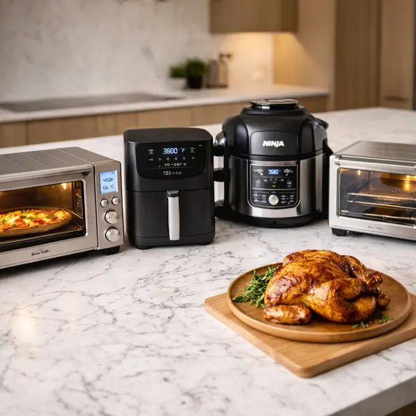 Four electric cooking appliances compared for RV use including countertop convection oven air fryers and mini toaster oven with roasted chicken
