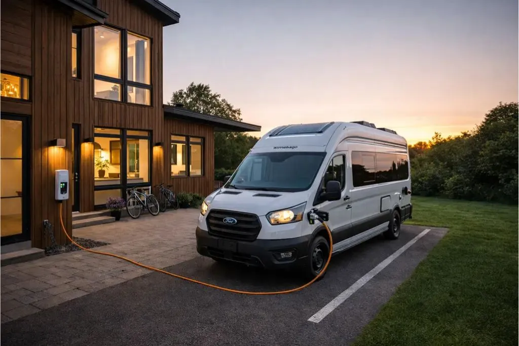Winnebago eRV2 electric RV charging at modern home with wallbox charger