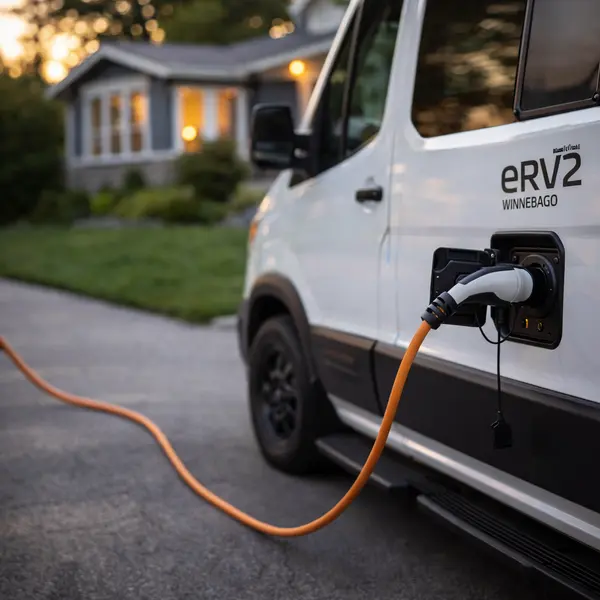 Winnebago eRV2 electric RV connected to home charging station in residential driveway showing convenient overnight charging