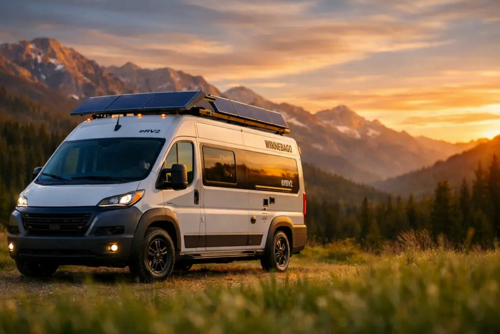 Winnebago eRV2 electric RV parked in mountain landscape at sunset with solar panels visible on roof showcasing off-grid camping capability