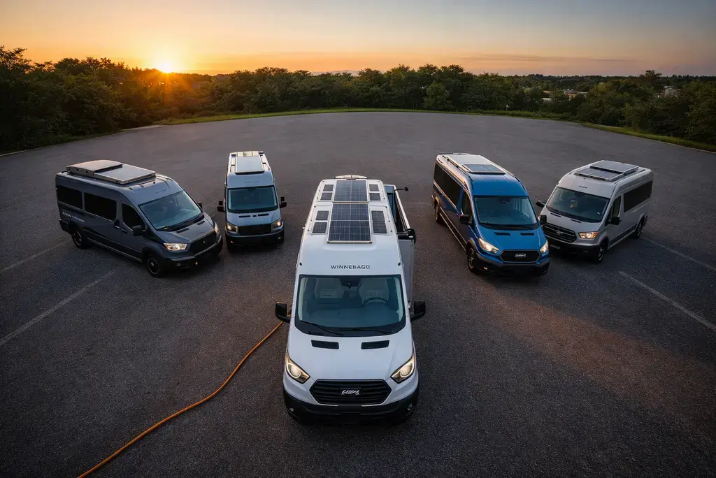 Five leading electric RV brands arranged in arc including Winnebago eRV2 Lightning ZEV Grounded G1 Ford E-Transit Thor Vision showing comparative sizes and solar installations