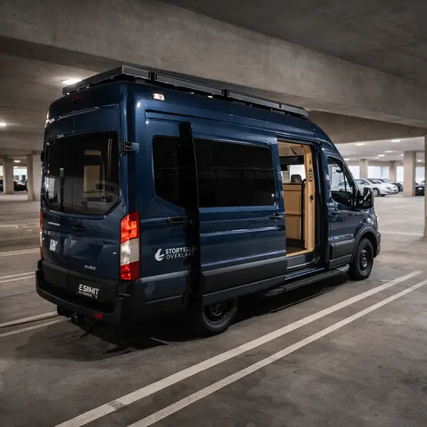 Ford E-Transit electric camper conversion in dark blue parked in standard urban parking structure showing compact size and stealth camping capability