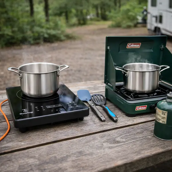Flexible hybrid cooking setup showing portable induction cooktop and Coleman propane stove side-by-side on outdoor table for maximum versatility