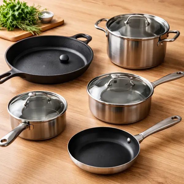 Five-piece induction-compatible cookware set including cast iron and stainless steel with magnet demonstrating magnetic bottom compatibility test