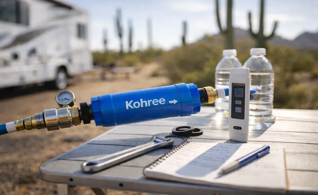 kohree inline water filter being tested with tds meter showing 98 ppm reduction at arizona desert campground with testing equipment visible