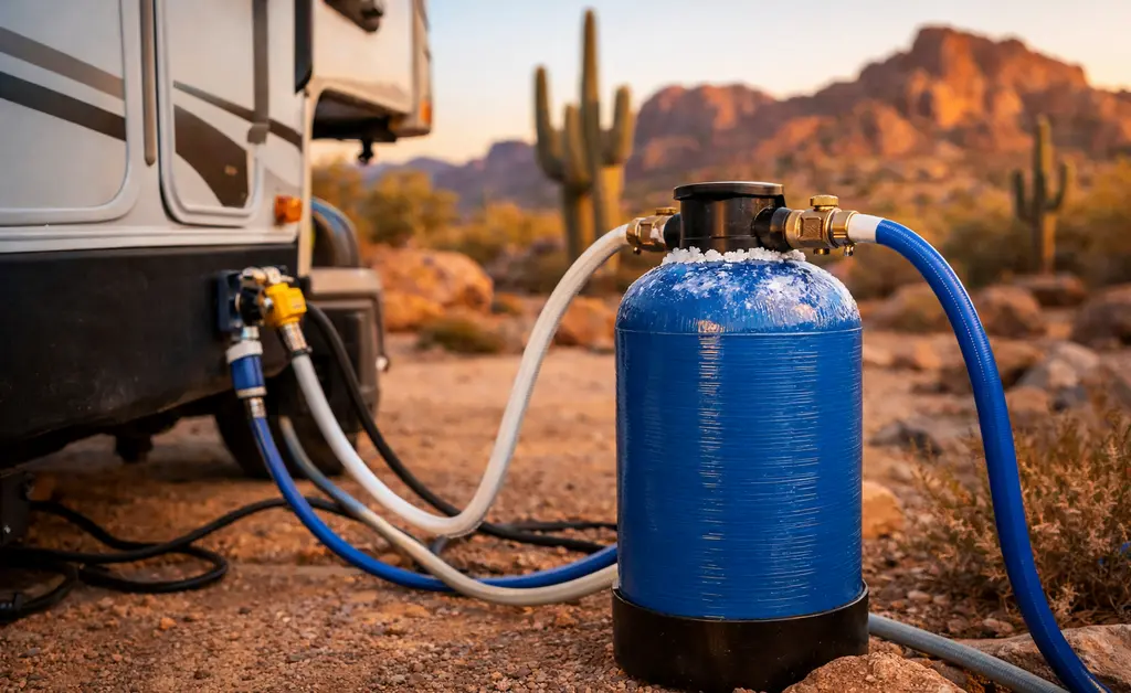 on-the-go portable water softener connected to rv at arizona campground protecting against hard water mineral damage