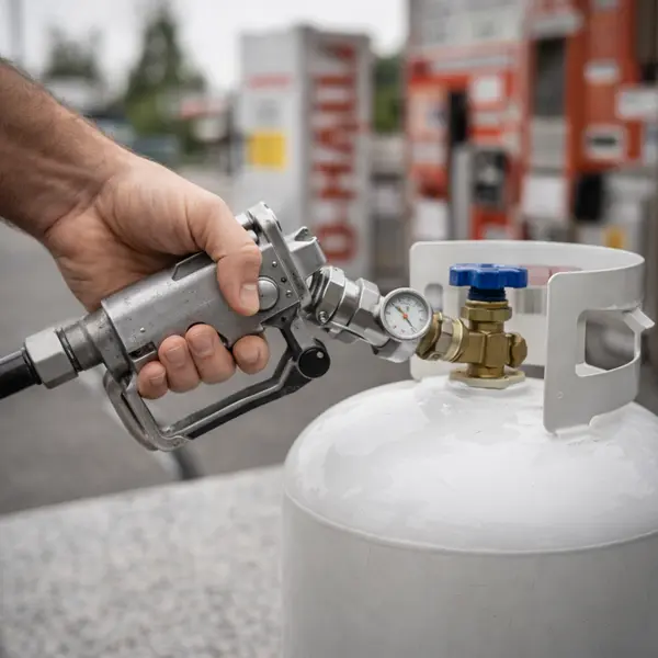 Hand holding propane refill nozzle connected to 20-pound tank at refill station showing recurring fuel costs for RV propane cooking