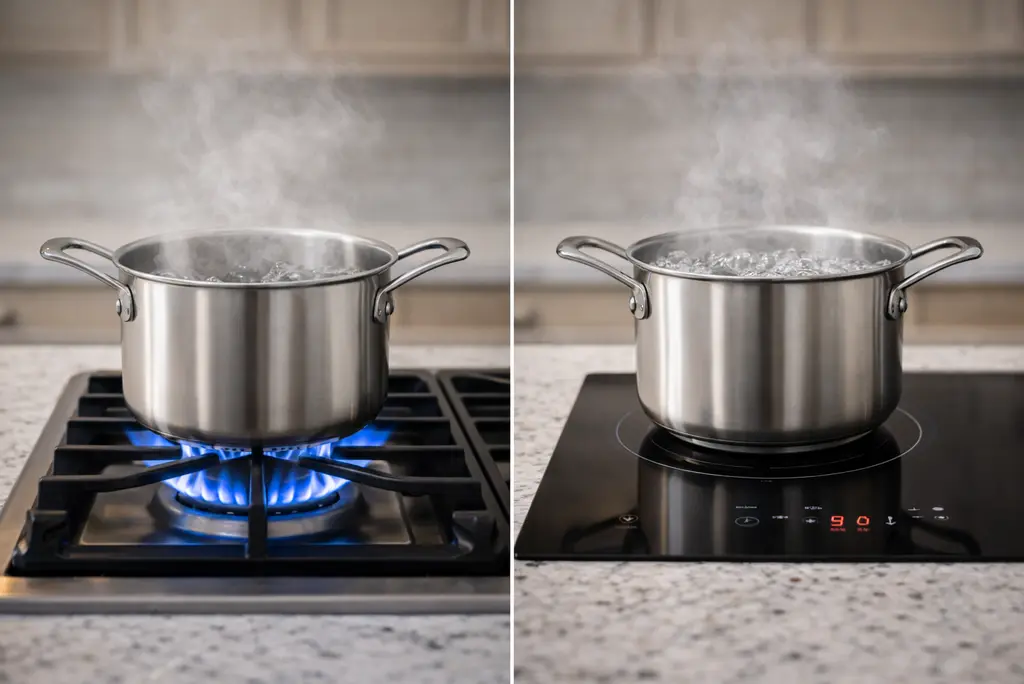 Side-by-side comparison of propane gas stove with blue flame and electric induction cooktop both boiling water in identical pots showing performance differences