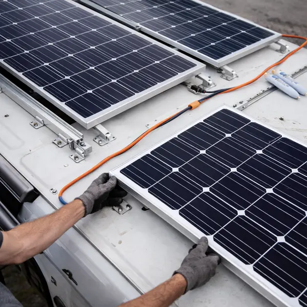 Hands installing third solar panel on RV roof with two panels already mounted on aluminum rails showing DIY installation process in progress