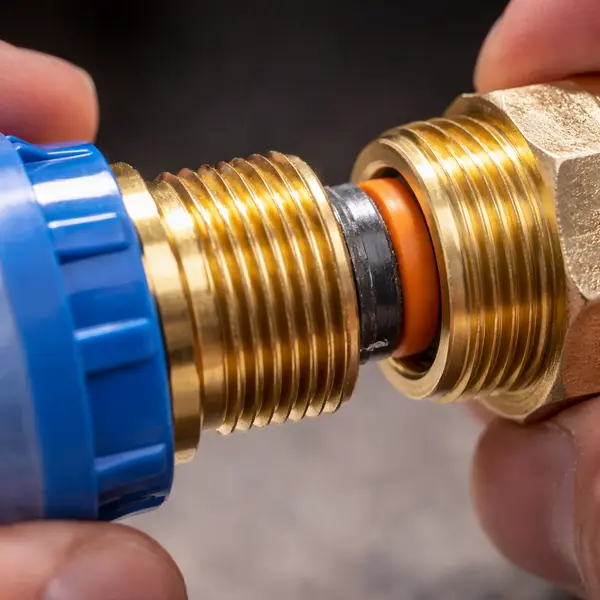 extreme close-up of brass threads connecting rv water filter showing proper rubber washer placement preventing leaks