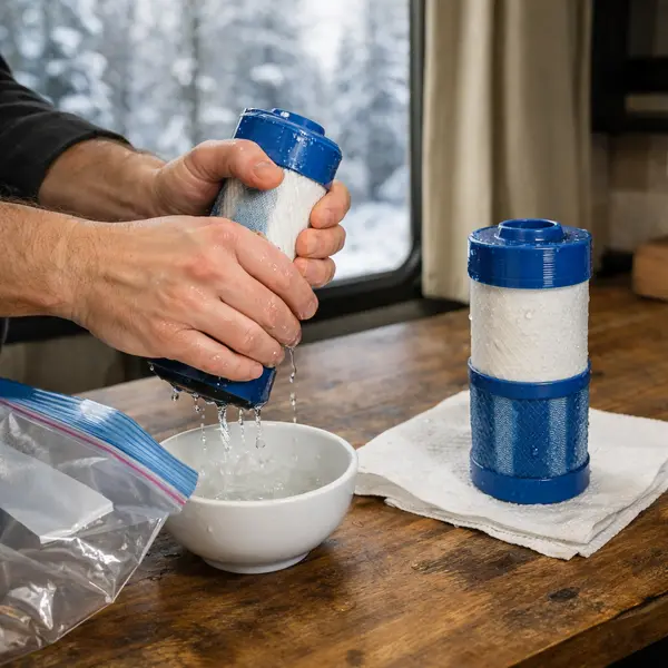 hands removing water from rv inline filter for winter storage showing proper winterization technique preventing freeze damage