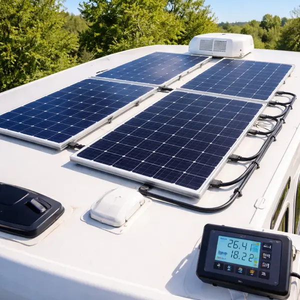 Four 200-watt solar panels installed on RV roof in parallel rows with battery monitoring system display showing real-time power production