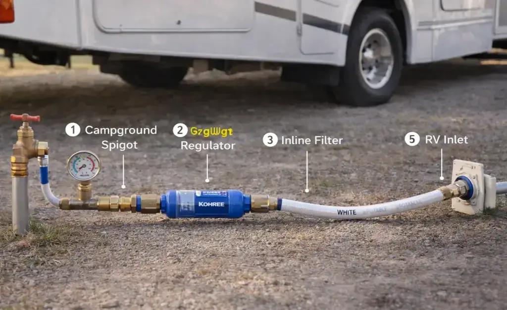 complete rv water filtration installation showing all components from campground spigot through pressure regulator inline filter and hose