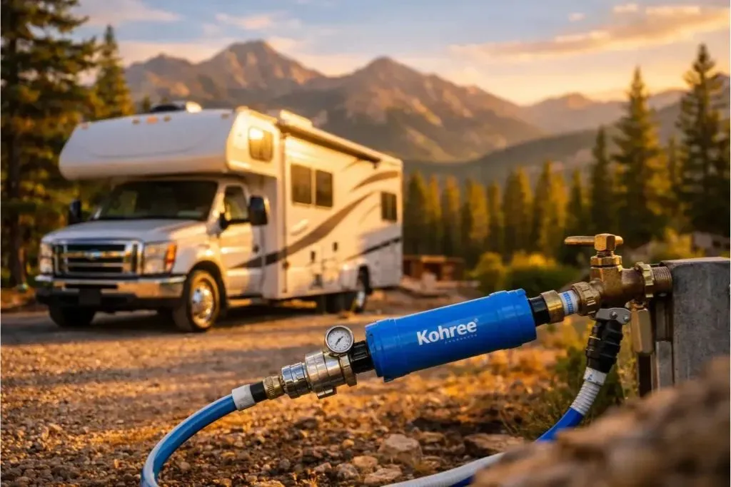 kohree inline water filter connected between pressure regulator and hose at mountain campground showing proper rv water filtration setup