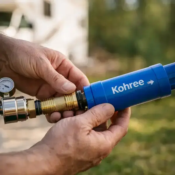 close-up of hands installing kohree inline water filter onto brass pressure regulator showing proper thread connection and installation technique
