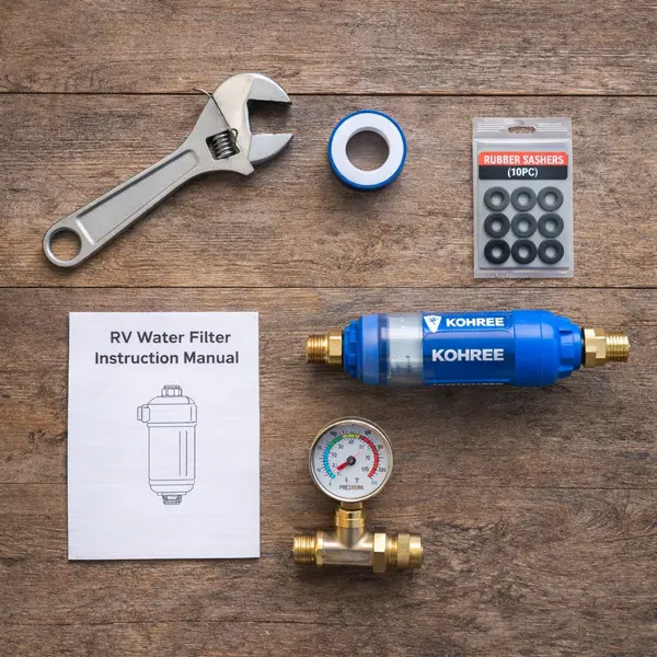 flat lay of tools needed for rv water filter installation including wrench teflon tape rubber washers pressure regulator