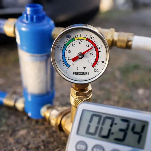 analog pressure gauge showing 52 psi reading during rv water filter flow rate testing with inline filter connected 